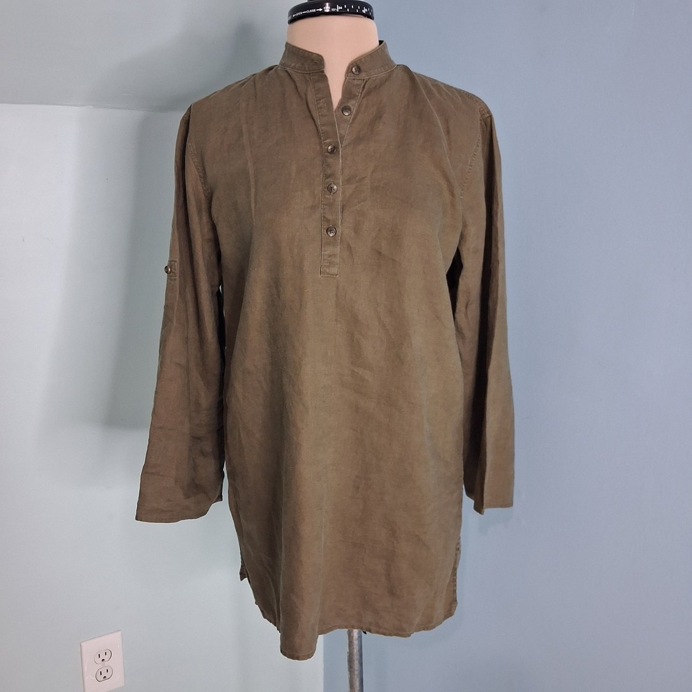 Lauren Ralph Lauren Linen Tunic Top Olive Mandarin Collar Roll Tab Small